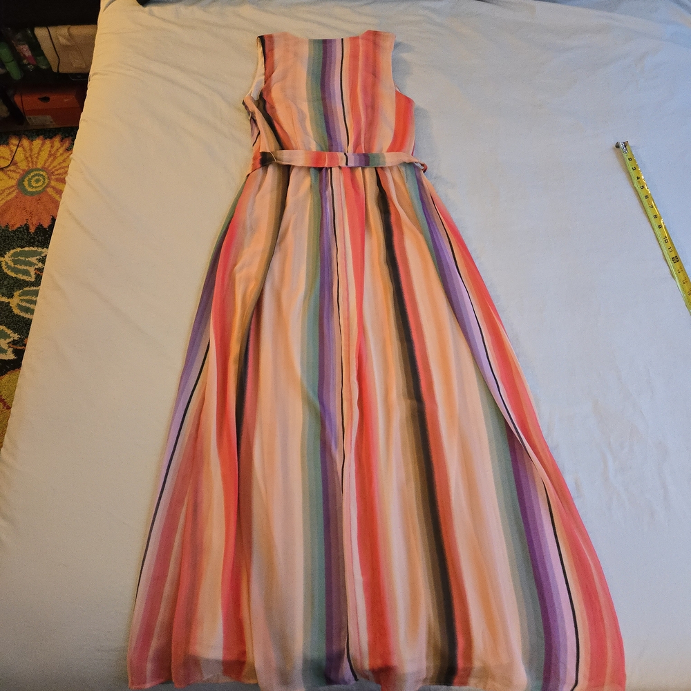 Donna Ricco Multicolor Bright Rainbow Striped Nude Maxi Wrap Front Dress CW3 - Picture 13 of 14